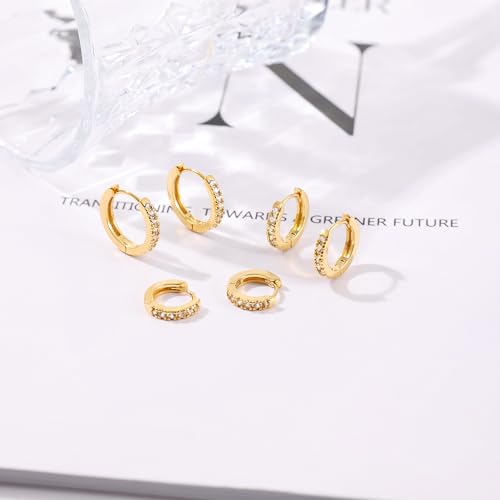 micuco 3 Pairs Small Hoop Earrings Tiny Cartilage Earrings for Women Men | Cubic Zirconia Earrings Huggie Hoop Ear Piercing Earrings for 8mm 10mm 12mm - color: 14# Gold 10mm