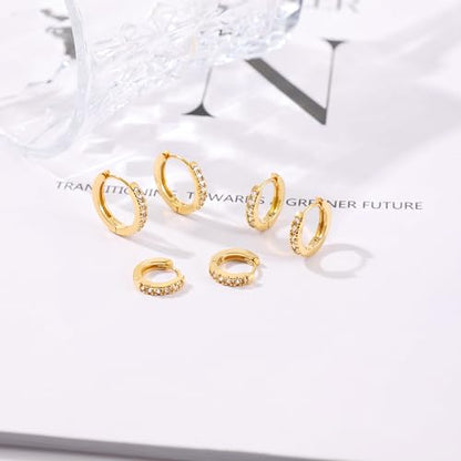 micuco 3 Pairs Small Hoop Earrings Tiny Cartilage Earrings for Women Men | Cubic Zirconia Earrings Huggie Hoop Ear Piercing Earrings for 8mm 10mm 12mm - color: 14# Gold 10mm