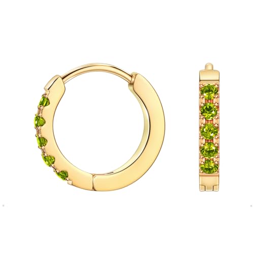 Birthstone Huggie Hoop Earrings for Women, Cubic Zirconia Small Hoops | 316L Surgical Steel, 18K Gold or Silver, 6-10mm, Hypoallergenic Waterproof, Cartilage Piercing, Birthday Gift - color: 08 AUG. Olive Green - Gold, size: 9mm