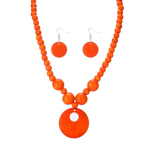 LOTSOF Boho Wooden Beaded Necklace and Earring Set for Women, Bohemian Chunky Statement Costume Jewelry, Round Drop Pendant Retro Ethnic Accessories Ladies Gift - color: Orange