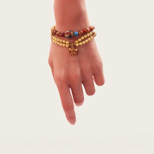 Petite Adjustable Boho Bracelet for Small Wrists 6-7.5 Inch - Handmade Nepalese Buddhist Prayer Bracelet with Elephant Charm, Brass Bell, Turquoise Stone & Tibetan Mantra Beads, Spiritual Lucky Gift - color: Yellow-2Pcs