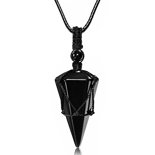 Top Plaza Mens Necklace, Crystal Gemstone Protection Pendant Necklace | Healing Crystals Necklace for Men Adjustable 6 Facet Pointed Necklace Energy Natural Quartz Protect Jewelry Gifts - color: Black - Black Obsidian