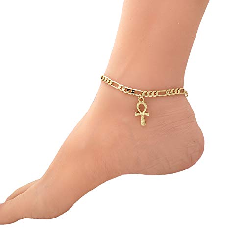 Fashion 21 Women's Cross, Ankh, Queen Nefertiti Piece 10 inches Figaro Chain Anklet Foot Bracelet in Gold Tone - style: Mini Ankh / Figaro