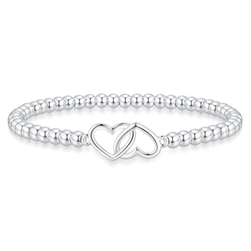 Beaded Bracelets for Women 14K Silver Gold Plated Stretch Handmade Ball Bracelets Cute Charm Bracelet Dainty Stackable Cross Heart Bow Wave CZ Circle Trendy Jewelry Easter Gifts - color: double-heart-silver