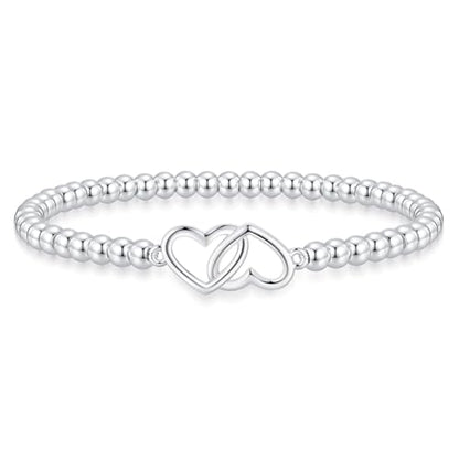 Beaded Bracelets for Women 14K Silver Gold Plated Stretch Handmade Ball Bracelets Cute Charm Bracelet Dainty Stackable Cross Heart Bow Wave CZ Circle Trendy Jewelry Easter Gifts - color: double-heart-silver