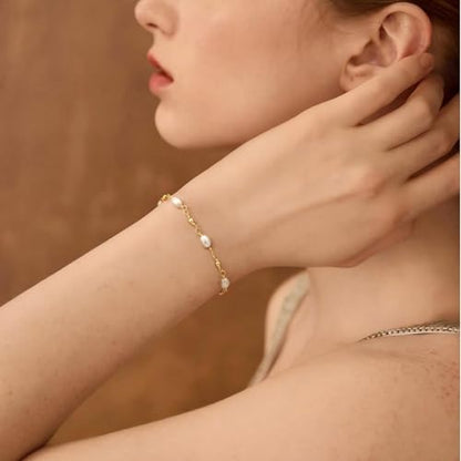 NECOCY 14K Gold Plated Pearl Bracelets for Women, Dainty Bracelets Stack Trendy Pearls Beaded Link Chain Charm Bracelets Set Layered Tiny Wedding Prom Jewelry Gift for Women Mother's Day Graduation - style: Style-11