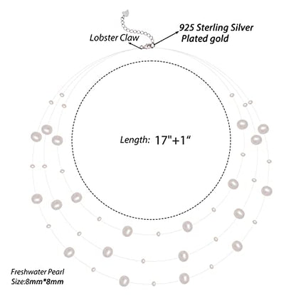 925 Sterling Silver Dainty Freshwater Cultured Pearl Choker Necklace White Genuine Real Pearl Charm Necklaces Jewelry Gifts for Her - color: Satellite Pearl-Silver 3Plus