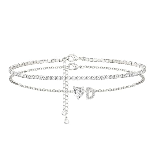 Heart Initial Silver Anklets for Women Waterproof Dainty Silver Plated ankle bracelets for women Large Ankle Women's Anklets Tennis ankle bracelets Non Tarnish Summer Beach Foot Jewelry - style: Silver-D