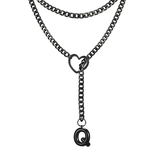 Black Heart Slip Chain Initial Necklaces for Women, Stainless Steel Wrap Choker Necklace, Gothic O-Ring Adjustable Lariat Y Necklaces, Punk Cuban Collar Choker Necklace, Halloween Jewelry Gift - color: Black Q