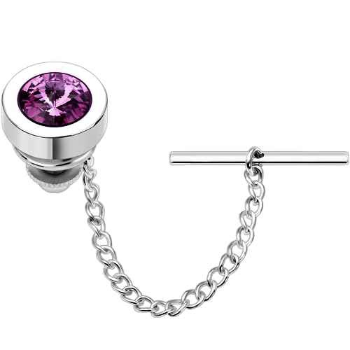 HAWSON Mens Tie Tack with Chain Round Crystal Wedding Business Accessories - color: Silver + Amethyst