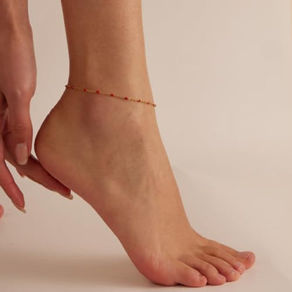 18K Gold Plated Boho Beaded Anklets for Women Dainty Gold Layered Round Ball Ankle Bracelet Pearl Cross Anklet Bracelet Waterproof Gold Jewelry - color: Red Beads-Gold