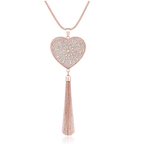 MOLOCH Long Necklaces For Woman Disk Circle Pendant Necklaces Tassel Fringe Necklace Set Statement Pendant - color: heart-shaped-rose gold