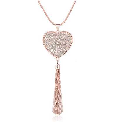 MOLOCH Long Necklaces For Woman Disk Circle Pendant Necklaces Tassel Fringe Necklace Set Statement Pendant - color: heart-shaped-rose gold