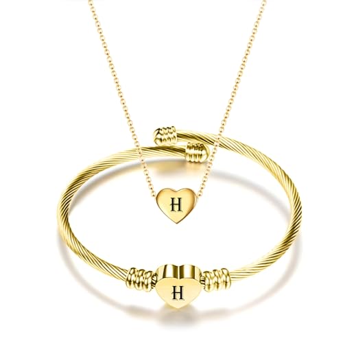 MYNENEY Necklace and Bracelet for Women Stainless Steel Initial Jewelry Set - color: Gold-H