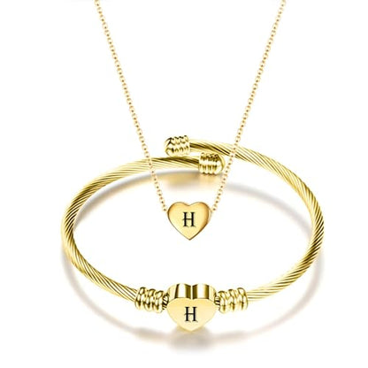 MYNENEY Necklace and Bracelet for Women Stainless Steel Initial Jewelry Set - color: Gold-H