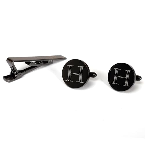 Mens Initial Cufflinks and Tie Clip A-Z Alphabet Letter Black Stainless Cuff Links Tie Bar with Engraved Walnut Wood Box Groom Groomsman Wedding Set - style: Classic-H