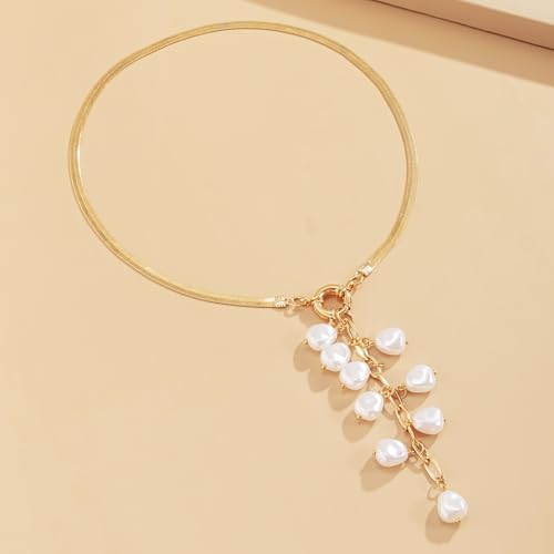 Women's Baroque Beaded Y Necklace, Trendy Pendant Long Choker, Simple Daily Wear Jewelry Gift - color: Golden