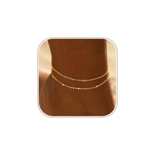 Gold/Silver Ankle Bracelets for Women Waterproof Dainty 14K Gold Plated Pearl Heart Love Anklet Bracelet Satellite Cuban Link Beads Summer Beach Jewelry Gifts - style: Satellite + O-shaped-gold-016
