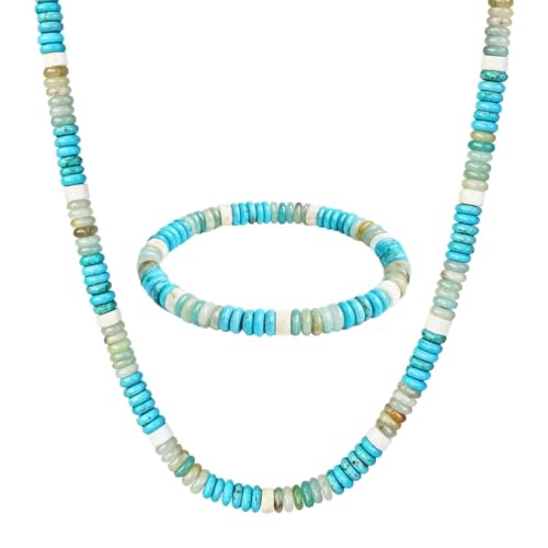 Beaded Necklaces for Women 3Pcs Colorful Boho Gemstone Bead Choker Summer Natural Stone Surfer Beach Bead Necklace Bracelets Earring Set Handmade Jewelry for Women Gift Jewelry Sets - color: 03-turquoise