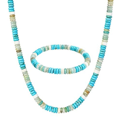 Beaded Necklaces for Women 3Pcs Colorful Boho Gemstone Bead Choker Summer Natural Stone Surfer Beach Bead Necklace Bracelets Earring Set Handmade Jewelry for Women Gift Jewelry Sets - color: 03-turquoise