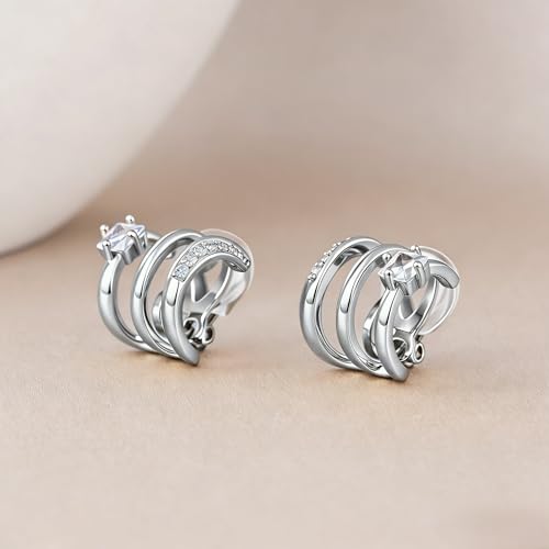 FAN&LOUIS Clip On Earrings Women, Gold Silver Triple Huggie Stud Clip-on Earrings Cubic Zirconia|Double Huggie Hoop Gold Hoop Earrings Clips for Women Trendy Lightweight - style: Silver