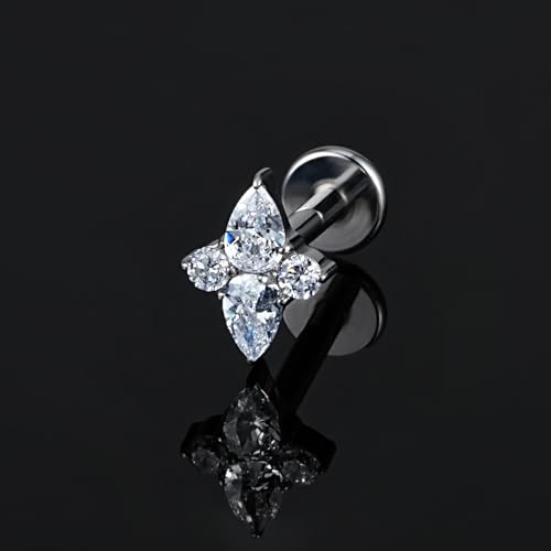 FINE4U 1PC ASTM F136 Titanium 16G Flatback Stud for Tragus, Helix, Conch 6mm 8mm - Screw on Cartilage Earring Piercing Jewelry - color: Four-Pointed Star B - Tit