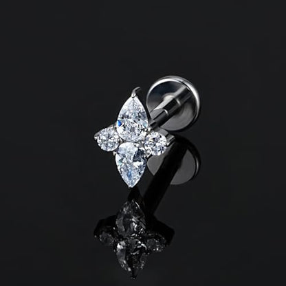 FINE4U 1PC ASTM F136 Titanium 16G Flatback Stud for Tragus, Helix, Conch 6mm 8mm - Screw on Cartilage Earring Piercing Jewelry - color: Four-Pointed Star B - Tit