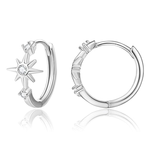 DAILY VIBES Dainty Small Star Huggie Hoop Earrings for Women Trendy | 925 Sterling Silver Post, 14K Gold or Silver Plated, Mini Cubic Zirconia, Cartilage Hoop Earrings - color: Silver Small Star