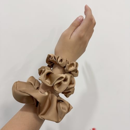 3 Pieces Satin Scrunchies Set for Hair No Crease Elastic Hair Ties for Women and Girls (Light Brown) - color: Light Brown