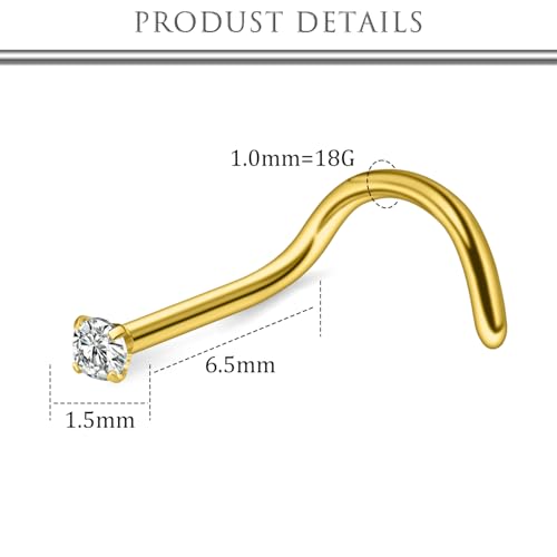 Hoeudjo Nose Studs Surgical Steel Cubic Zirconia Nose Rings Kit for Women Men Tiny Nose Stud Bone & Screw & L Shaped Nostril Piercing Jewelry 24/22/20/18 Gauge 10 Pieces - color: gold-tone,screw nose studs, size: 18g/1.5mm clear CZ