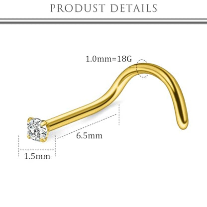 Hoeudjo Nose Studs Surgical Steel Cubic Zirconia Nose Rings Kit for Women Men Tiny Nose Stud Bone & Screw & L Shaped Nostril Piercing Jewelry 24/22/20/18 Gauge 10 Pieces - color: gold-tone,screw nose studs, size: 18g/1.5mm clear CZ
