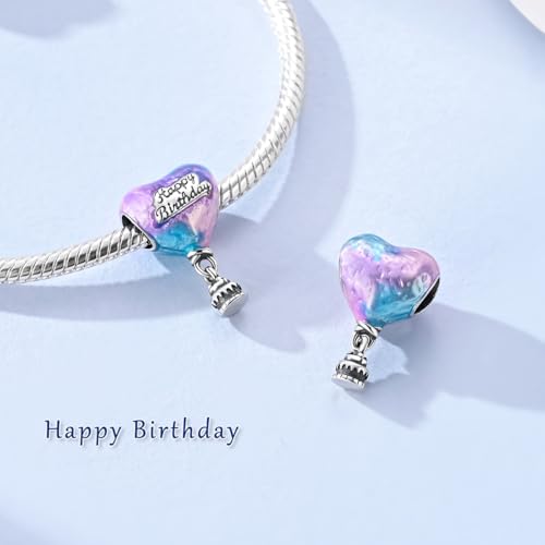Hapour 925 Sterling Silver Charms for Bracelet Necklace Dangle Pendant Bead | Bear Charm, Elephant Zebra Cat Dream catcher Family Birthday European Jewelry Charm, For Women Mom - color: Purple Blue Birthday Cake Heart Balloon