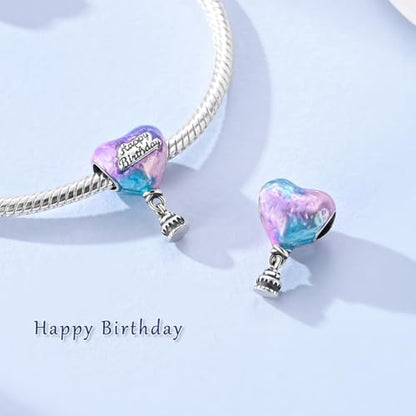 Hapour 925 Sterling Silver Charms for Bracelet Necklace Dangle Pendant Bead | Bear Charm, Elephant Zebra Cat Dream catcher Family Birthday European Jewelry Charm, For Women Mom - color: Purple Blue Birthday Cake Heart Balloon
