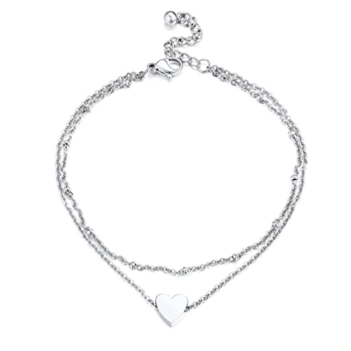 PROSTEEL Ankle Bracelets for Women, Silver/Gold/Black, Waterproof Anklets | Waterproof, Stainless Steel, Summer Beach Jewelry, Durable & No Tarnish, Come with Gift Box, 8-10.5" Adjustable, Plus Size - color: E: silver-heart layered