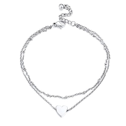 PROSTEEL Ankle Bracelets for Women, Silver/Gold/Black, Waterproof Anklets | Waterproof, Stainless Steel, Summer Beach Jewelry, Durable & No Tarnish, Come with Gift Box, 8-10.5" Adjustable, Plus Size - color: E: silver-heart layered