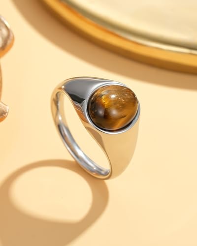 YeGieonr Gold Signet Rings for Women Non Tarnish Gold Rings, Waterproof Gemstones Statement Ring, 18K Gold Plated Stainless Steel Gem Stone Jewelry Gift for Everyday Wear - color: Tiger Eye Silver