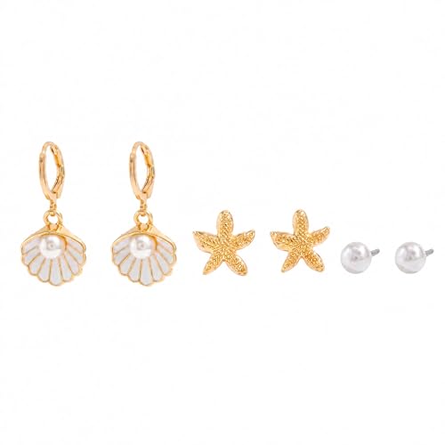 3 Pairs Small Hoop Earring Stacks, 14K Gold Plated Dangle Earrings for Multiple Piercing Cartilage, Dainty Gold Stud Hoop Gifts for Women Valentine's Christmas Holiday Daily Wear - color: Shell Pearl