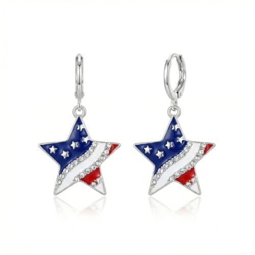 Sonateomber Christmas Tree Dangle Small Gold Hoop Earrings for Women, Cute Sparkly CZ Rhinestone Maple Clover Leaf Drop Earings Thanksgiving Holiday Accessories Fashion Jewelry Gift - color: USA Star