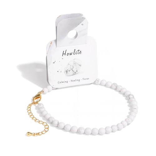 Natural Stone Beaded Anklets for Women, Handmade Boho Clear Quartz 4mm Crystal Beads Anklet, Gold Chain Adjustable Ankles Bracelet, Beach Summer Jewelry Gemstone Foot Bracelet Gift - color: Howlite