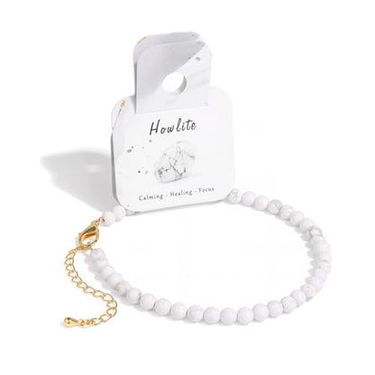 Natural Stone Beaded Anklets for Women, Handmade Boho Clear Quartz 4mm Crystal Beads Anklet, Gold Chain Adjustable Ankles Bracelet, Beach Summer Jewelry Gemstone Foot Bracelet Gift - color: Howlite