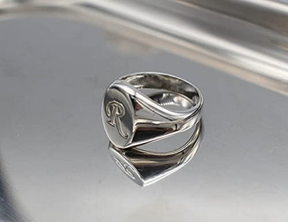 Sterling Silver Personalized Script Initial Letter Custom Signet Engrave Rings Jewelry - color: Silver