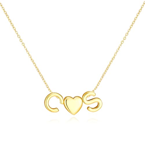 adoyi Initial Necklaces for Women 14k Gold Plated Layered bubble Letter Necklace Dainty Heart A-Z Pendant Necklace Initial Necklaces Stack Birthday Gifts for Women Jewelry - color: Gold-Heart, style: C+S