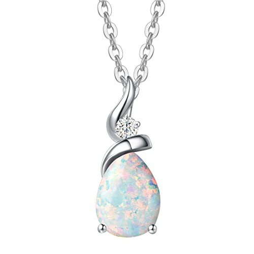 FANCIME 14K Solid White Gold Birthstone Pendant Necklace for Women with Diamond Pear Shaped Teardrop Necklace Birthday Gifts for Mom Women,Sterling Silver Chain 16" + 2" Extender - color: 10-Opal