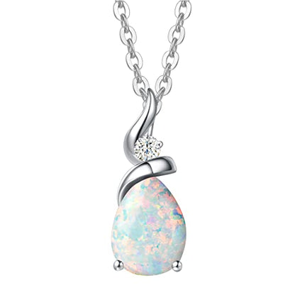 FANCIME 14K Solid White Gold Birthstone Pendant Necklace for Women with Diamond Pear Shaped Teardrop Necklace Birthday Gifts for Mom Women,Sterling Silver Chain 16" + 2" Extender - color: 10-Opal