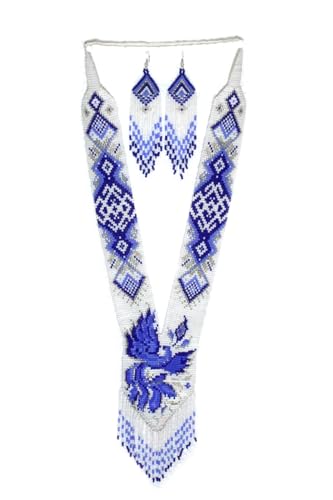 Long Beaded Necklace – Boho Native Handmade Seed Bead Tassel Necklace, Bohemian Large Statement Beaded Necklace for Women - color: White Royale Blue