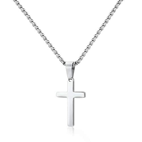 M MOOHAM Stainless Steel Cross Pendant Necklaces for Men Pendant Chain 16 Inch Sterling Silver Jewelry Fathers Day First Communion Gifts for Men Teenage Teen Gifts Idea Him Dad