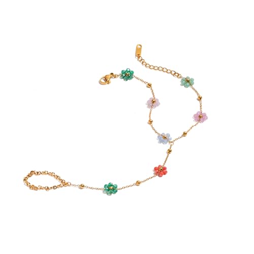 Dainty Flower Beaded Ring Bracelet Hand Chain for Women Stainless Steel 18K Gold Plated Colorful Flowers Daisy Adjustable Satellite Bead Harness Slave Wrist Link Bracelets Boho Jewelry Summer Beach