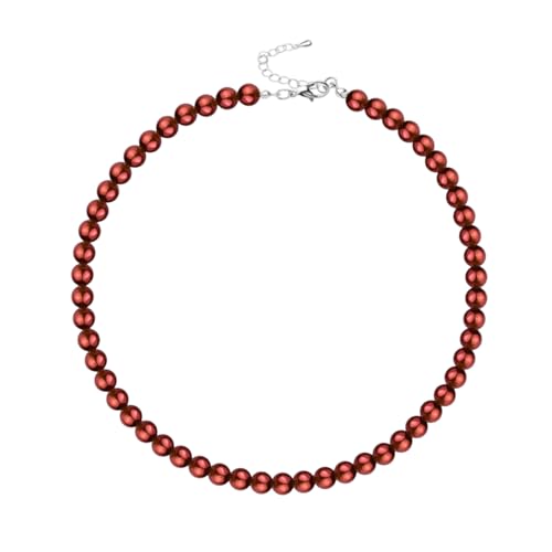 8mm Glass Pearl Necklace for Women, 16" Round Faux Pearl Strand Choker Necklace, Colorful Pearl Collar Necklace - color: Red