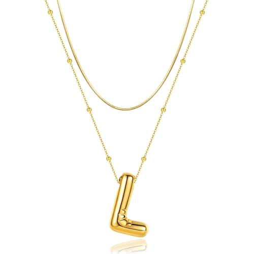 LUCA SMITH 2-Piece Initial Necklaces for Women, Dainty Balloon Bubble A-Z Letter Necklace Set, Name Letter Alphabet Pendant Layered Choker Necklaces Personalized Jewelry Gift - color: Gold bubble letter necklace, style: Initial Set-L