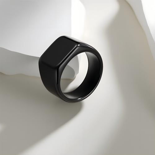 Mens Stainless Steel Plain Signet Rings 4/7/10/14MM Rectangular Pinky Rings | High Polish Classic Blank Thumb Rings, Everyday Comfit Wear, Gift for Men - color: Black14